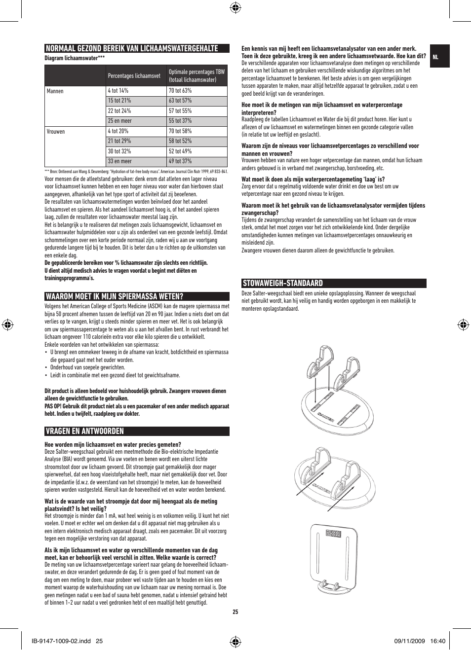 Waarom moet ik mijn spiermassa weten, Vragen en antwoorden, Normaal gezond bereik van lichaamswatergehalte | Stowaweigh-standaard | Salter 9147 BK3R Stow-A-Weigh Analyser Scale User Manual | Page 25 / 56