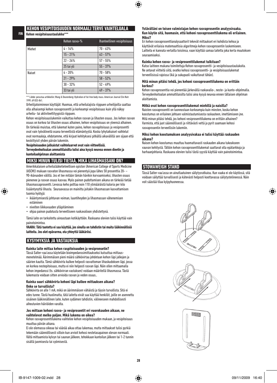 Miksi minun tulisi tietää, mikä lihasmassani on, Kysymyksiä ja vastauksia, Kehon vesipitoisuuden normaali terve vaihteluala | Stowaweigh stand | Salter 9147 BK3R Stow-A-Weigh Analyser Scale User Manual | Page 28 / 56