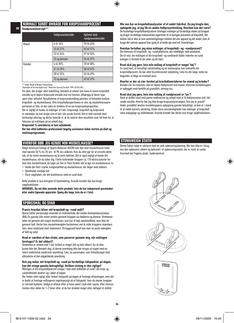 Hvorfor bør jeg kende min muskelmasse, Spørgsmål og svar, Normalt sundt område for kropsvandprocent | Stowaweigh stativ | Salter 9147 BK3R Stow-A-Weigh Analyser Scale User Manual | Page 34 / 56