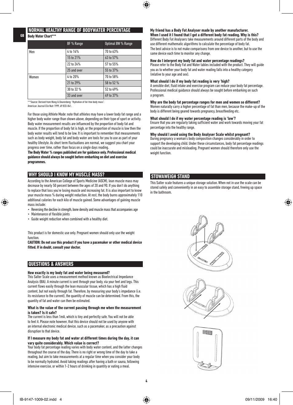 Why should i know my muscle mass, Questions & answers, Normal healthy range of bodywater percentage | Stowaweigh stand | Salter 9147 BK3R Stow-A-Weigh Analyser Scale User Manual | Page 4 / 56