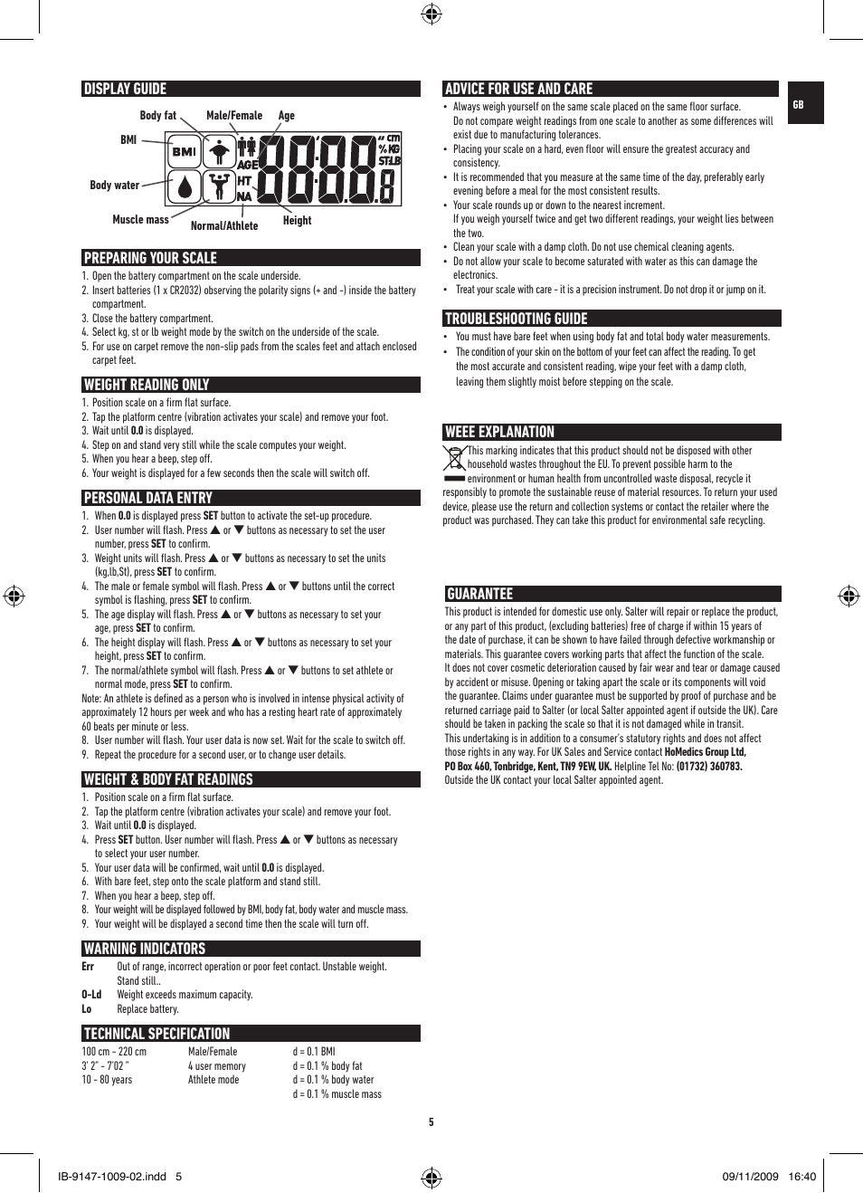 Display guide preparing your scale, Weight reading only, Personal data entry | Weight & body fat readings, Warning indicators, Technical specification, Advice for use and care, Troubleshooting guide, Guarantee, Weee explanation | Salter 9147 BK3R Stow-A-Weigh Analyser Scale User Manual | Page 5 / 56