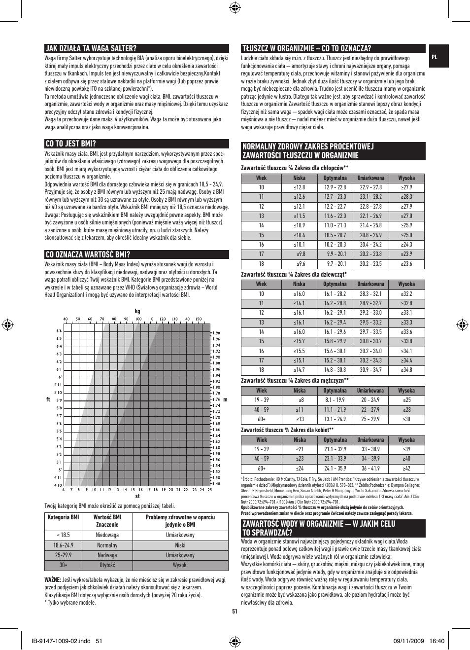 Jak działa ta waga salter, Tłuszcz w organizmie – co to oznacza, Co to jest bmi | Co oznacza wartość bmi | Salter 9147 BK3R Stow-A-Weigh Analyser Scale User Manual | Page 51 / 56