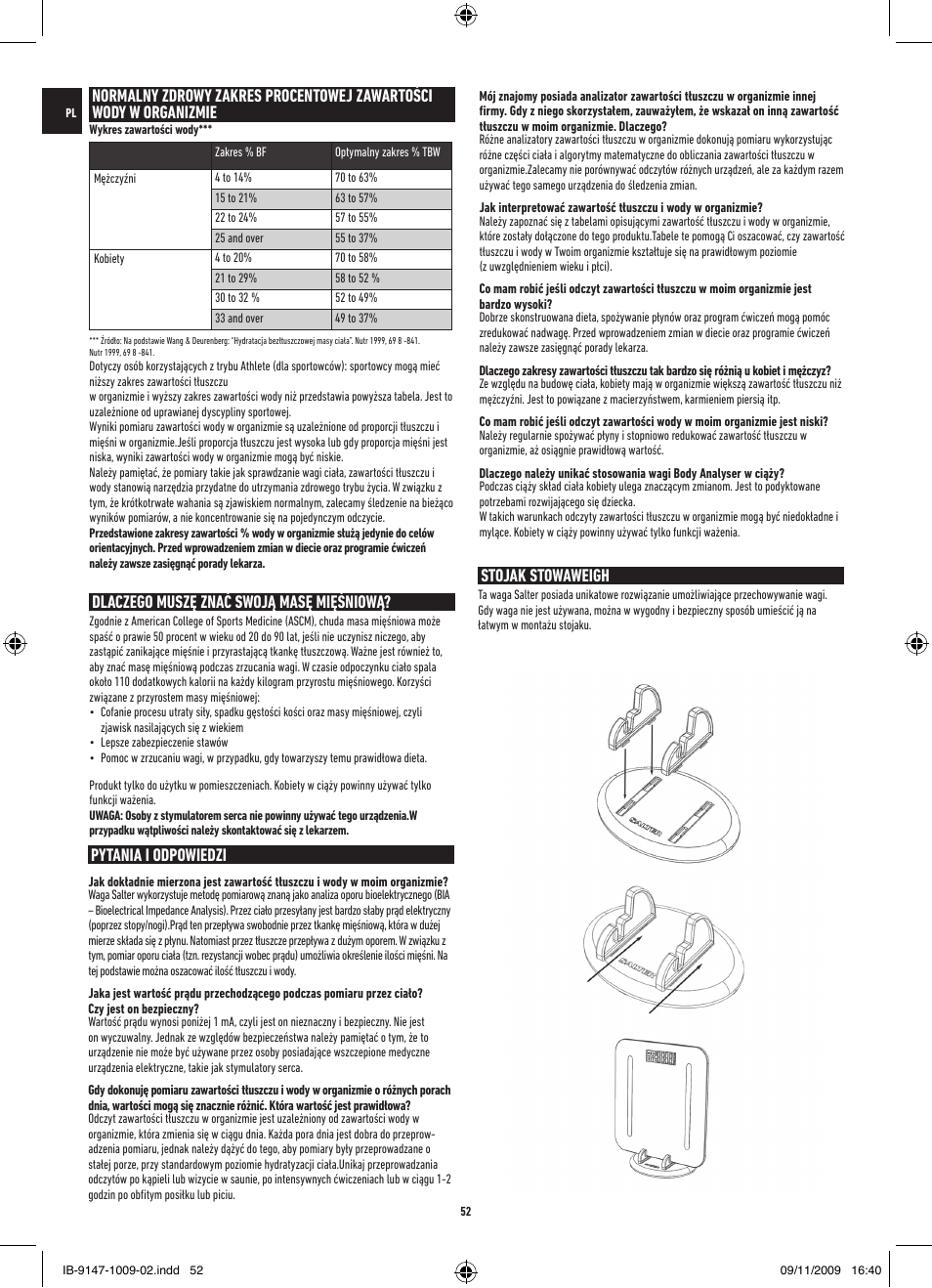 Dlaczego muszę znać swoją masę mięśniową, Pytania i odpowiedzi, Stojak stowaweigh | Salter 9147 BK3R Stow-A-Weigh Analyser Scale User Manual | Page 52 / 56