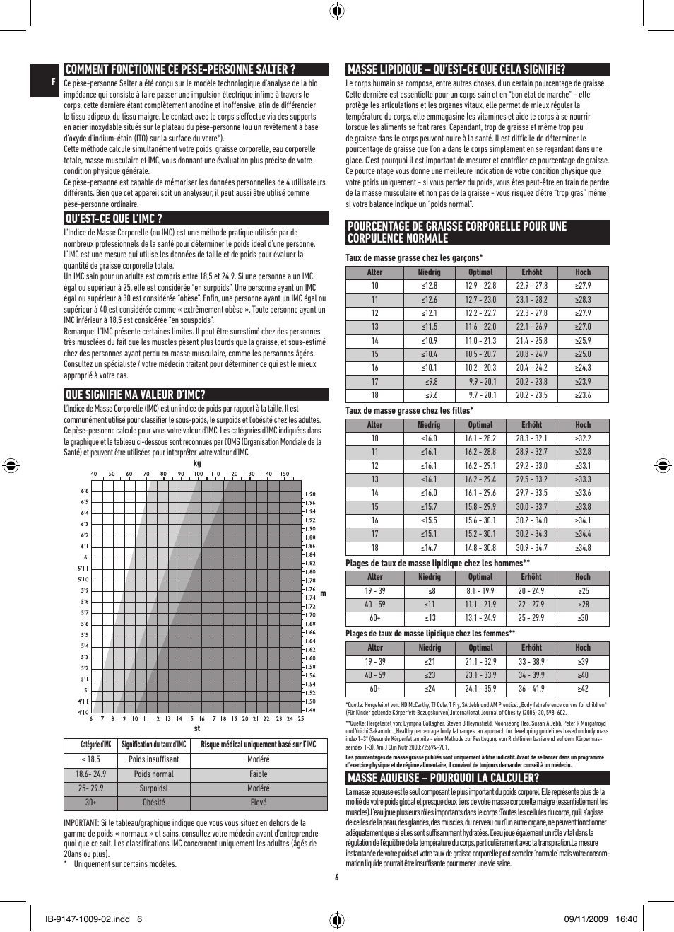 Comment fonctionne ce pese-personne salter, Masse lipidique – qu’est-ce que cela signifie, Masse aqueuse – pourquoi la calculer | Qu’est-ce que l’imc, Que signifie ma valeur d’imc | Salter 9147 BK3R Stow-A-Weigh Analyser Scale User Manual | Page 6 / 56