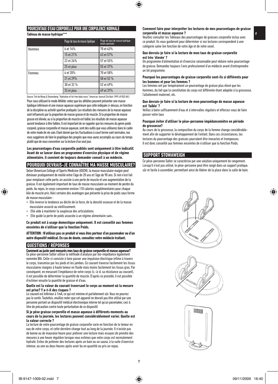 Pourquoi devrais-je connaître ma masse musculaire, Questions / réponses, Support stowaweigh | Salter 9147 BK3R Stow-A-Weigh Analyser Scale User Manual | Page 7 / 56