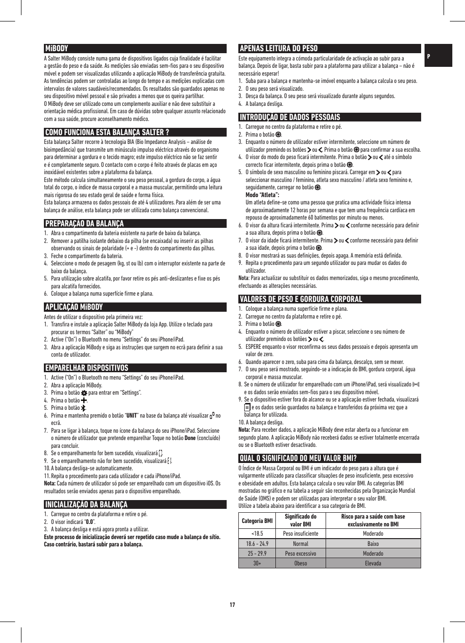 Mibody, Como funciona esta balança salter, Preparação da balança | Aplicação mibody, Emparelhar dispositivos, Inicialização da balança, Apenas leitura do peso, Introdução de dados pessoais, Valores de peso e gordura corporal, Qual o significado do meu valor bmi | Salter 9154 BK3R MiBody Bluetooth Analyser Scale User Manual | Page 17 / 56