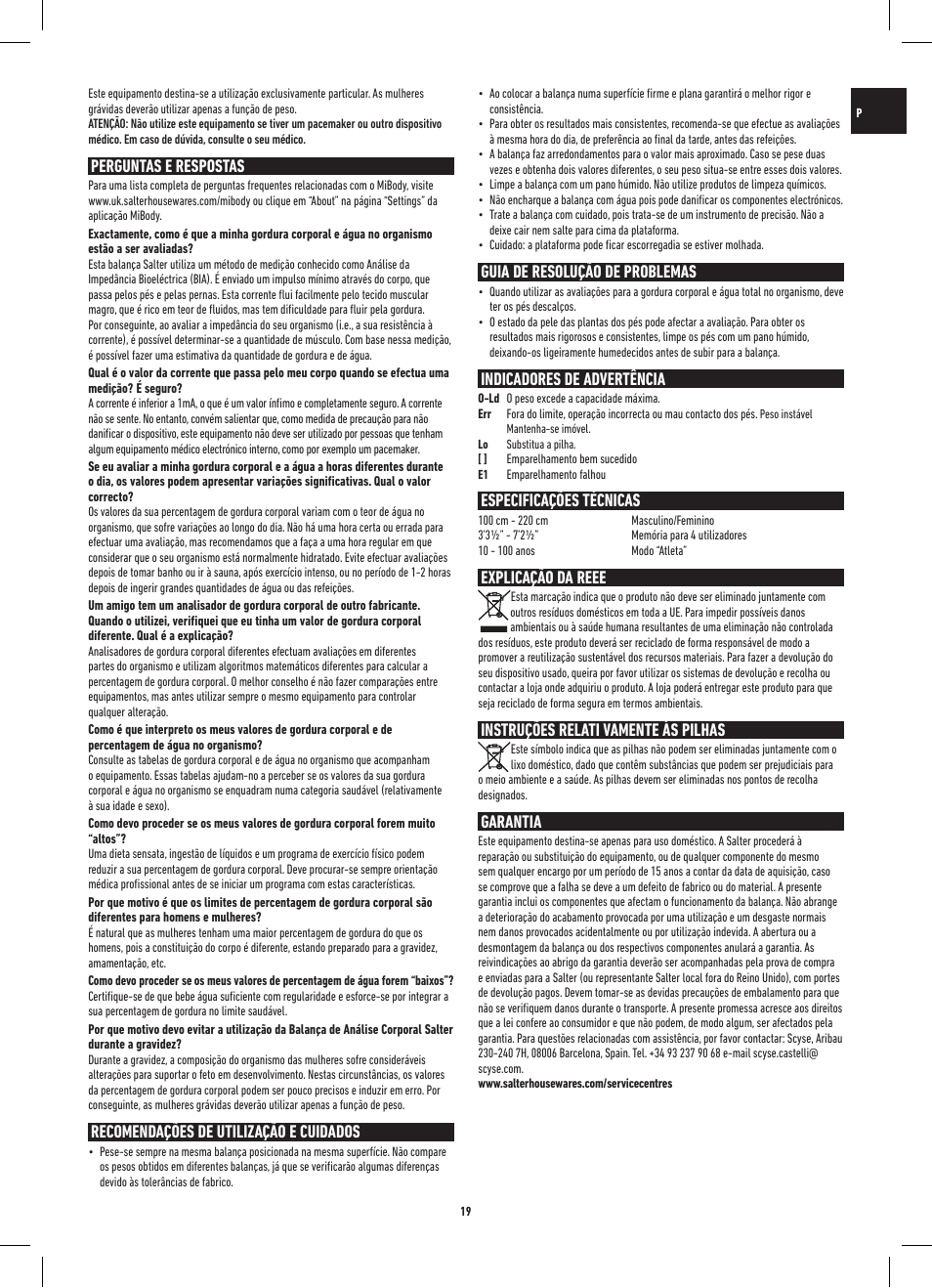 Perguntas e respostas, Recomendações de utilização e cuidados, Guia de resolução de problemas | Indicadores de advertência, Especificações técnicas, Explicação da reee, Instruções relati vamente às pilhas, Garantia | Salter 9154 BK3R MiBody Bluetooth Analyser Scale User Manual | Page 19 / 56