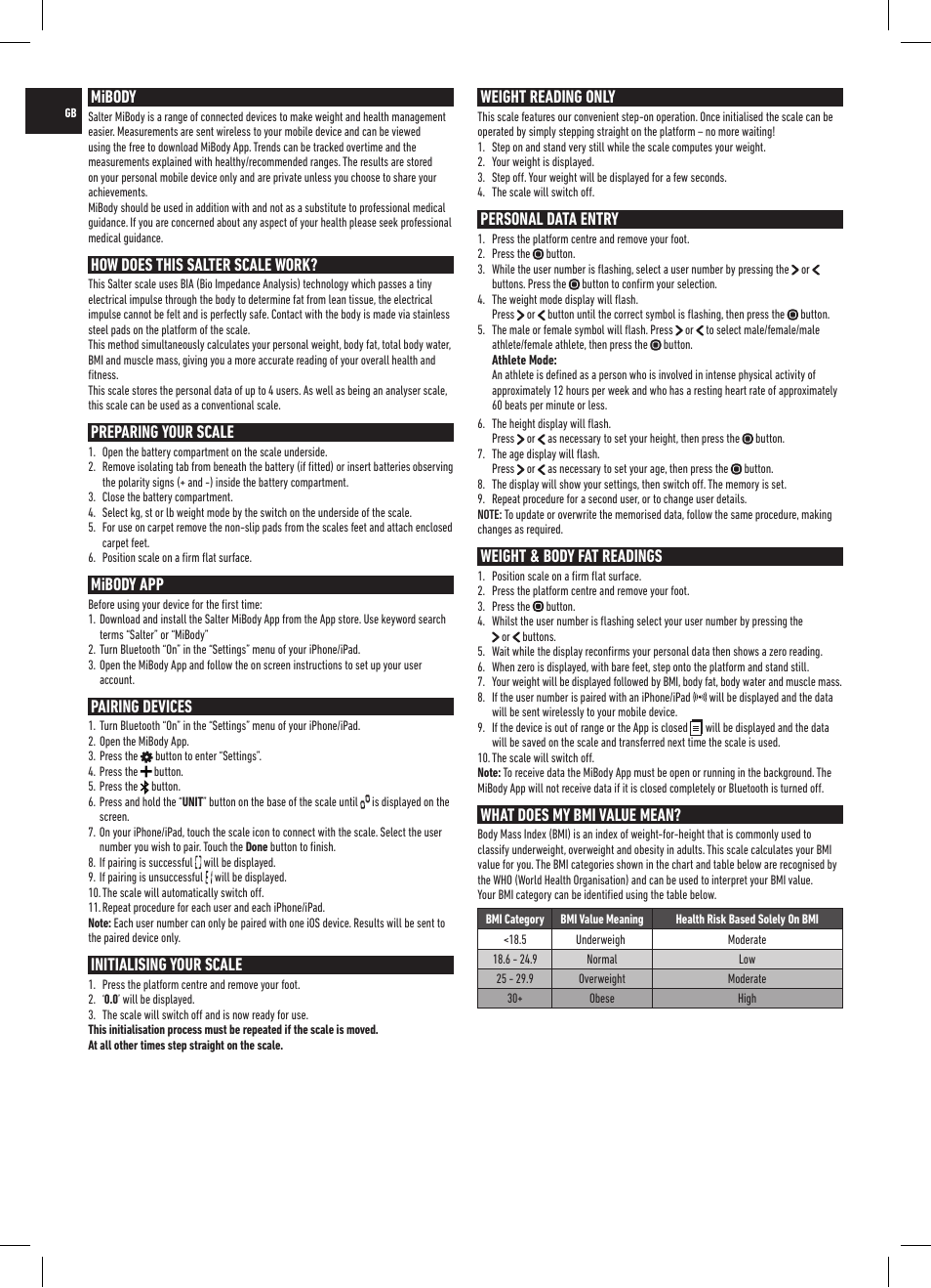 Mibody, How does this salter scale work, Preparing your scale | Mibody app, Pairing devices, Initialising your scale, Weight reading only, Personal data entry, Weight & body fat readings, What does my bmi value mean | Salter 9154 BK3R MiBody Bluetooth Analyser Scale User Manual | Page 2 / 56