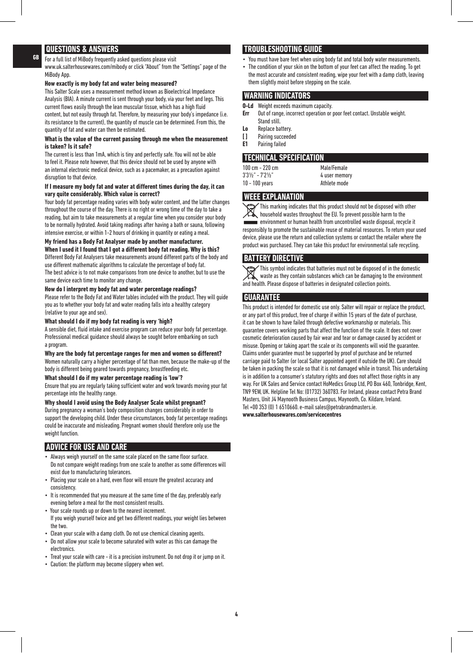 Questions & answers, Advice for use and care, Troubleshooting guide | Warning indicators, Technical specification, Weee explanation, Battery directive, Guarantee | Salter 9154 BK3R MiBody Bluetooth Analyser Scale User Manual | Page 4 / 56