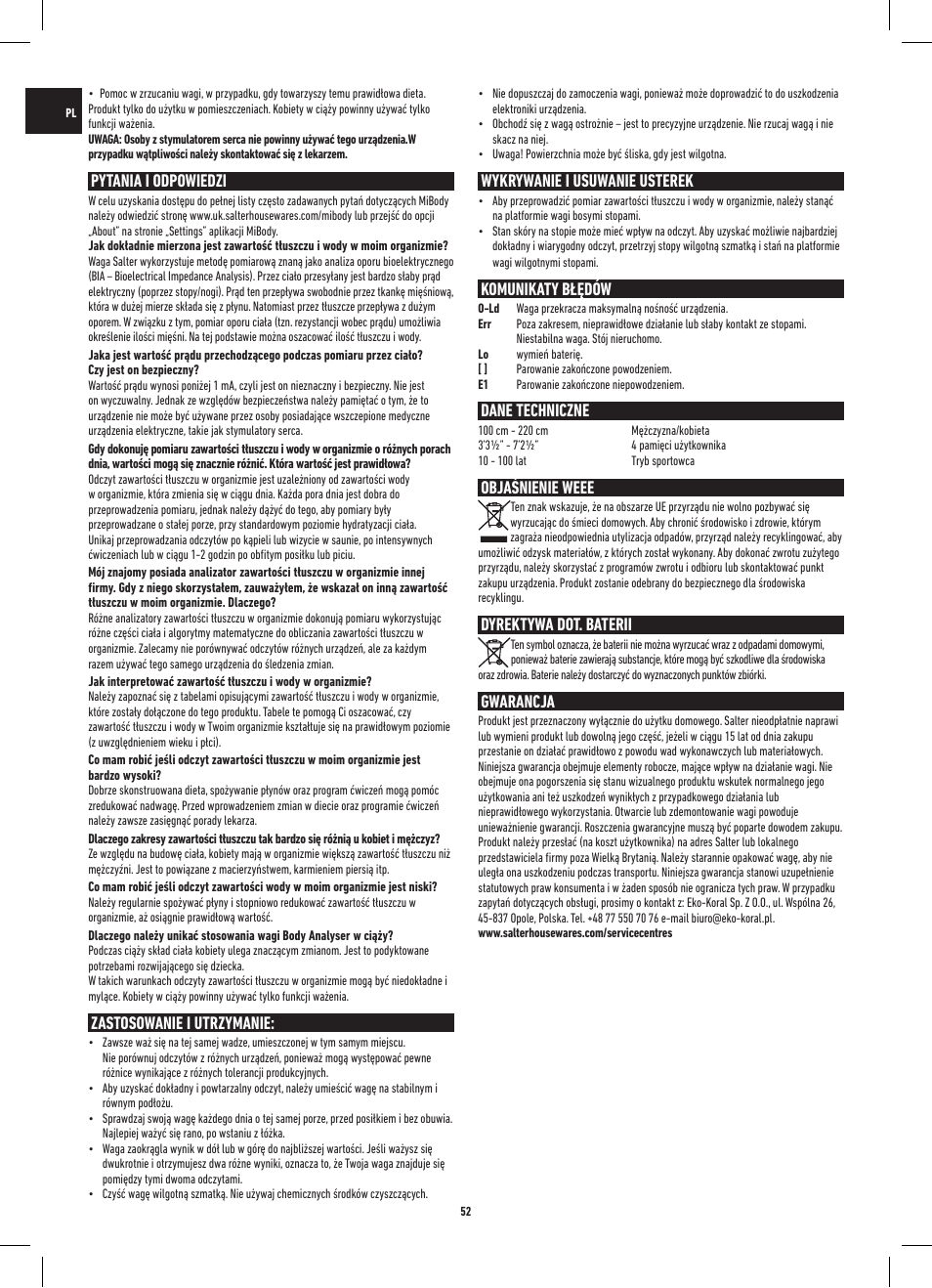 Pytania i odpowiedzi, Zastosowanie i utrzymanie, Wykrywanie i usuwanie usterek | Komunikaty błędów, Dane techniczne, Objaśnienie weee, Dyrektywa dot. baterii, Gwarancja | Salter 9154 BK3R MiBody Bluetooth Analyser Scale User Manual | Page 52 / 56