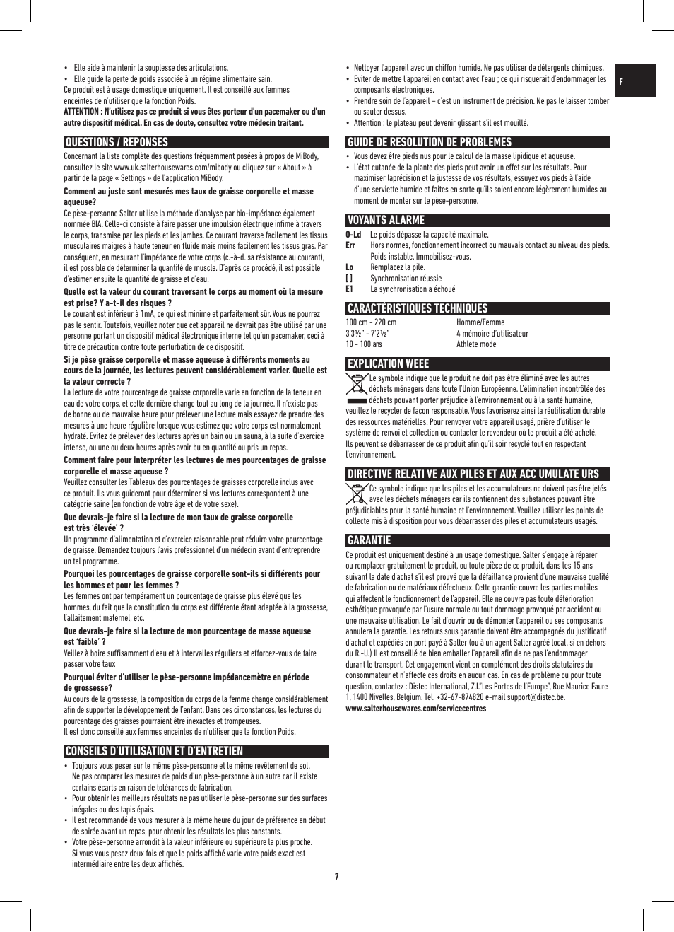 Questions / réponses, Conseils d’utilisation et d’entretien, Guide de résolution de problèmes | Voyants alarme, Caractéristiques techniques, Explication weee, Garantie | Salter 9154 BK3R MiBody Bluetooth Analyser Scale User Manual | Page 7 / 56