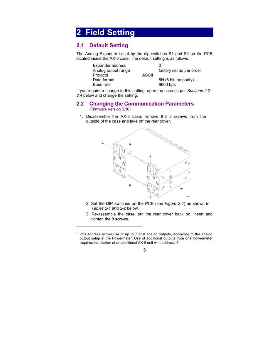 2 field setting, Default setting | SATEC AX-8 User Manual | Page 6 / 15