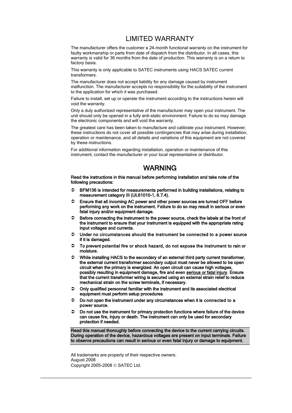 Limited warranty, Warning | SATEC BFM136 User Manual | Page 2 / 70