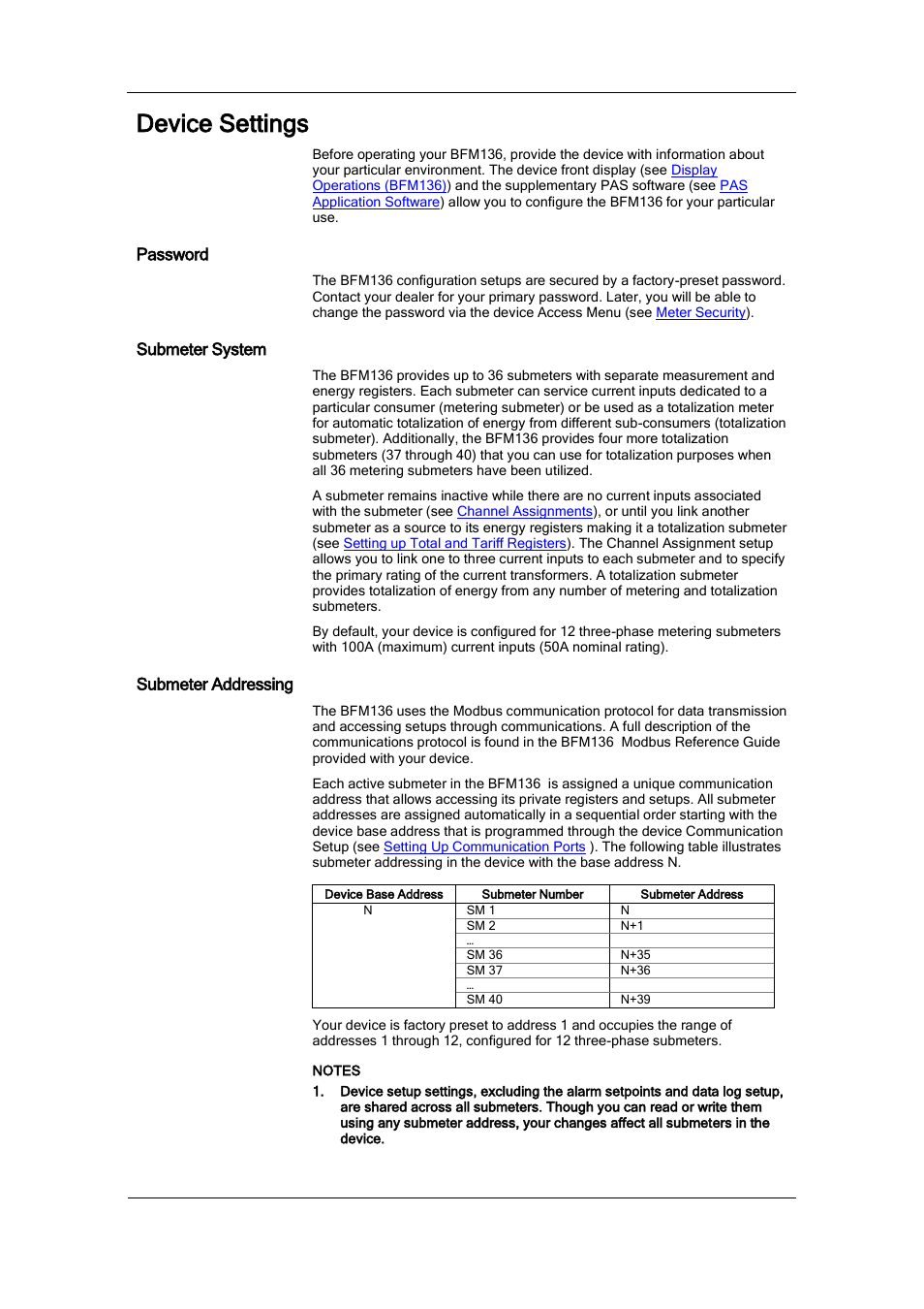 Device settings, Password, Submeter system | Submeter addressing | SATEC BFM136 User Manual | Page 21 / 70