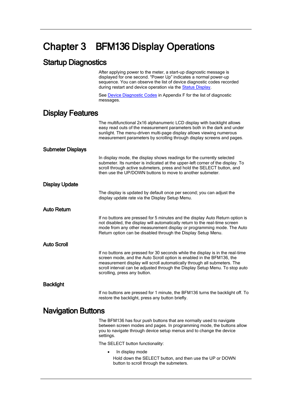 Chapter 3 bfm136 display operations, Startup diagnostics, Display features | Submeter displays, Display update, Auto return, Auto scroll, Backlight, Navigation buttons, Bfm136 display operations | SATEC BFM136 User Manual | Page 23 / 70