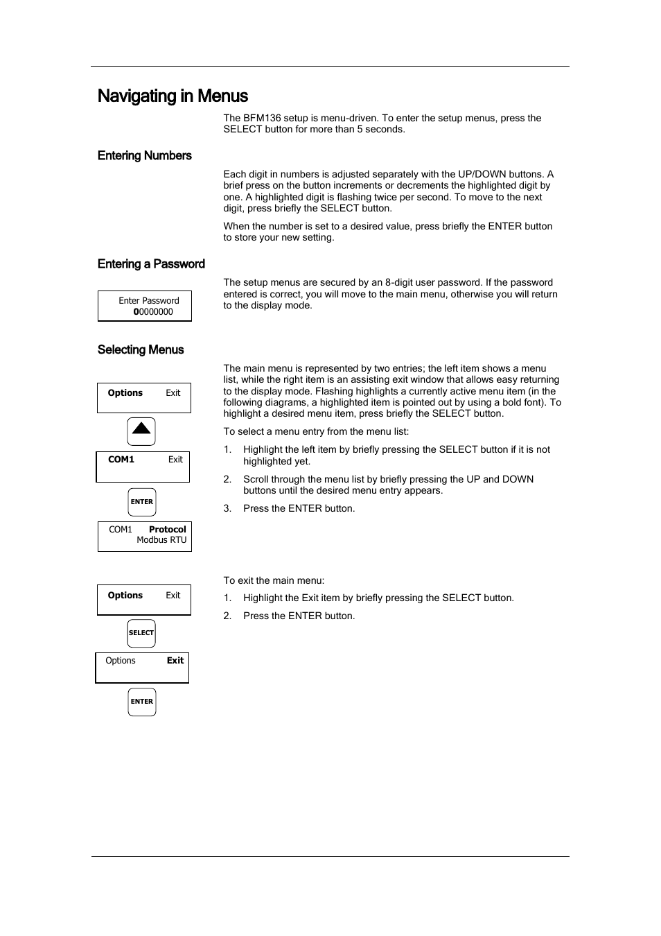 Navigating in menus, Entering numbers, Entering a password | Selecting menus | SATEC BFM136 User Manual | Page 28 / 70