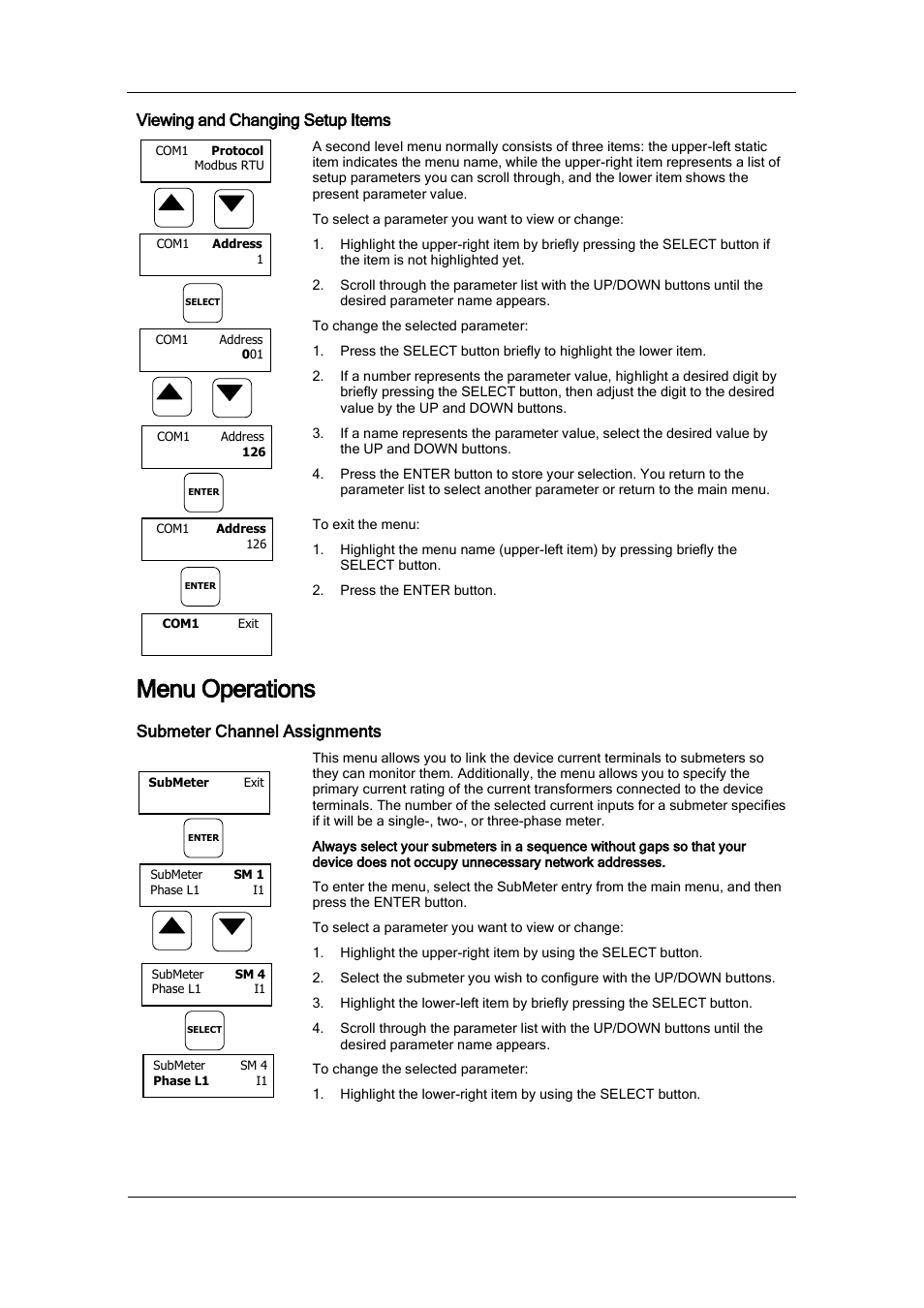 Viewing and changing setup items, Menu operations, Submeter channel assignments | SATEC BFM136 User Manual | Page 29 / 70