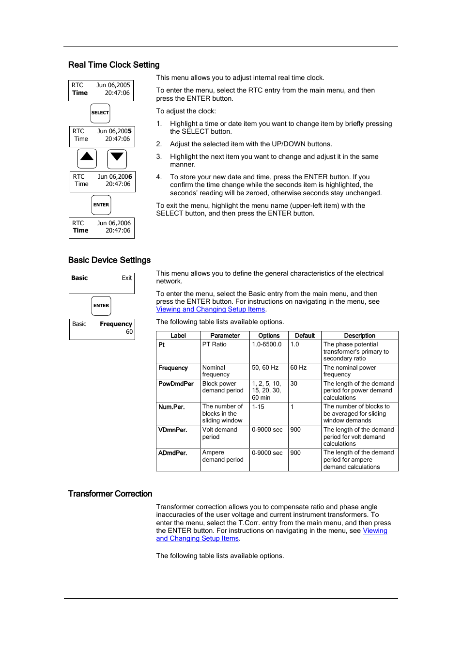 Real time clock setting, Basic device settings, Transformer correction | Basic, Device settings | SATEC BFM136 User Manual | Page 31 / 70