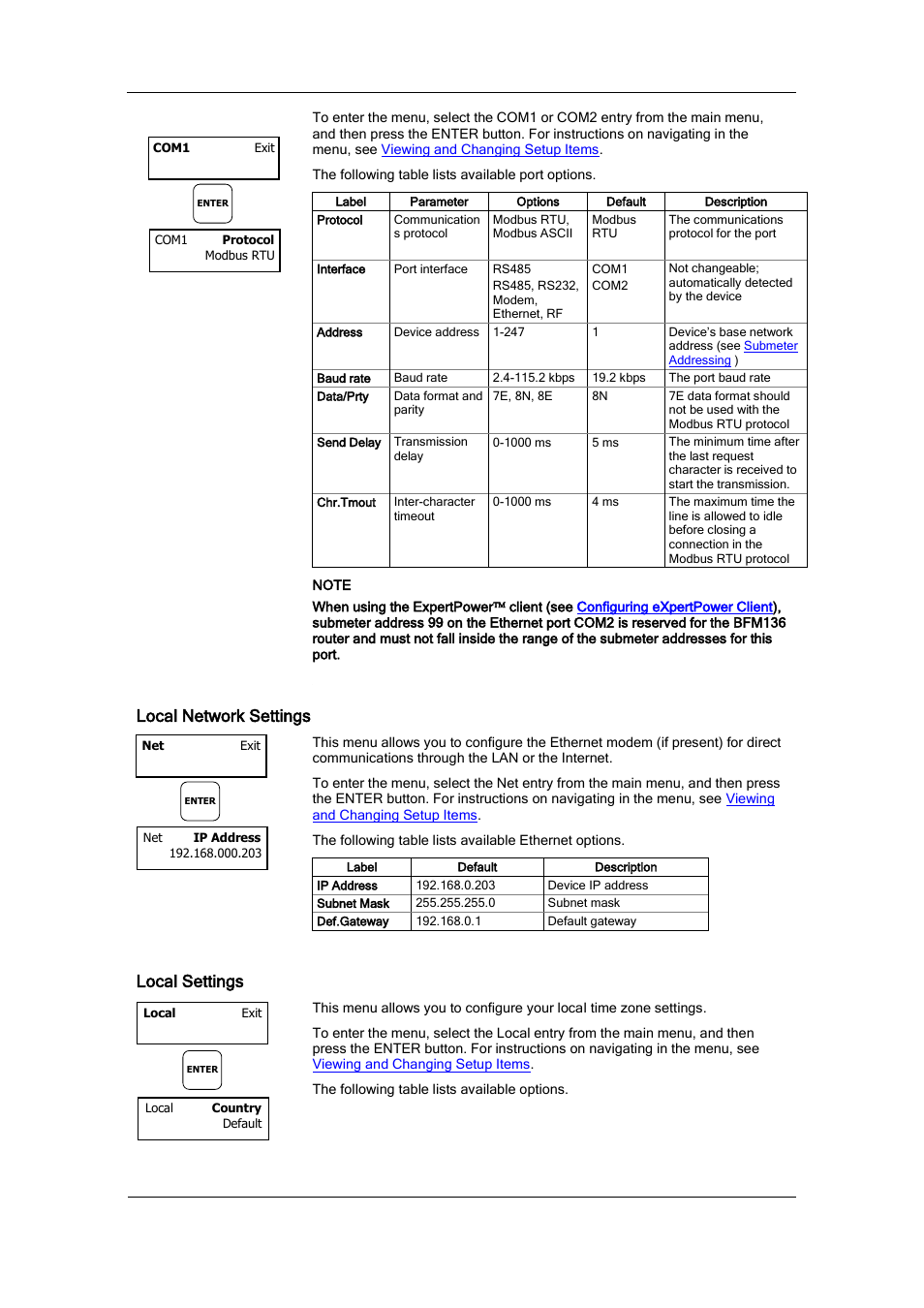 Local network settings, Local settings | SATEC BFM136 User Manual | Page 33 / 70