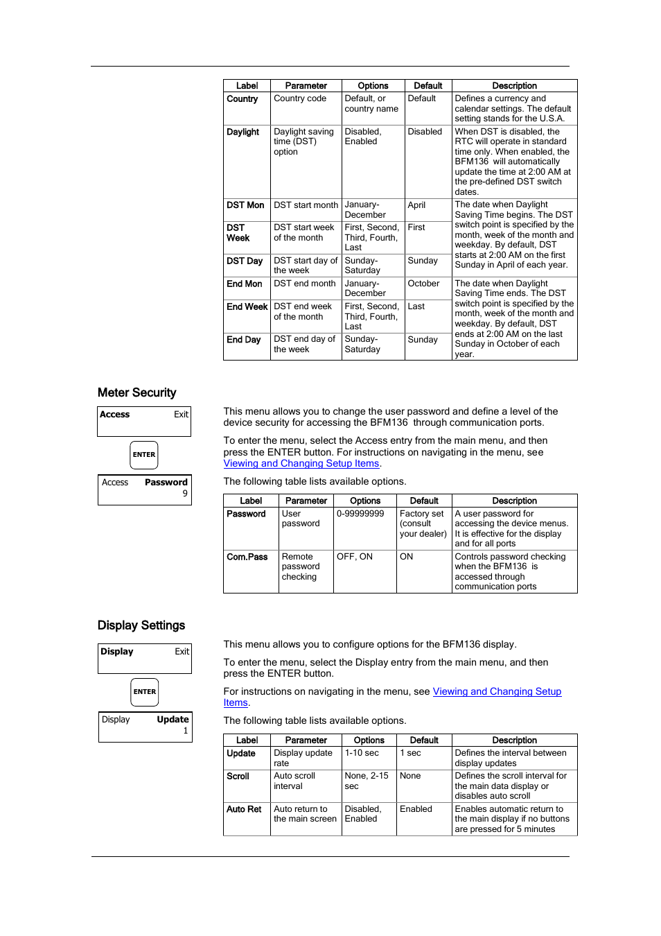 Meter security, Display settings | SATEC BFM136 User Manual | Page 34 / 70