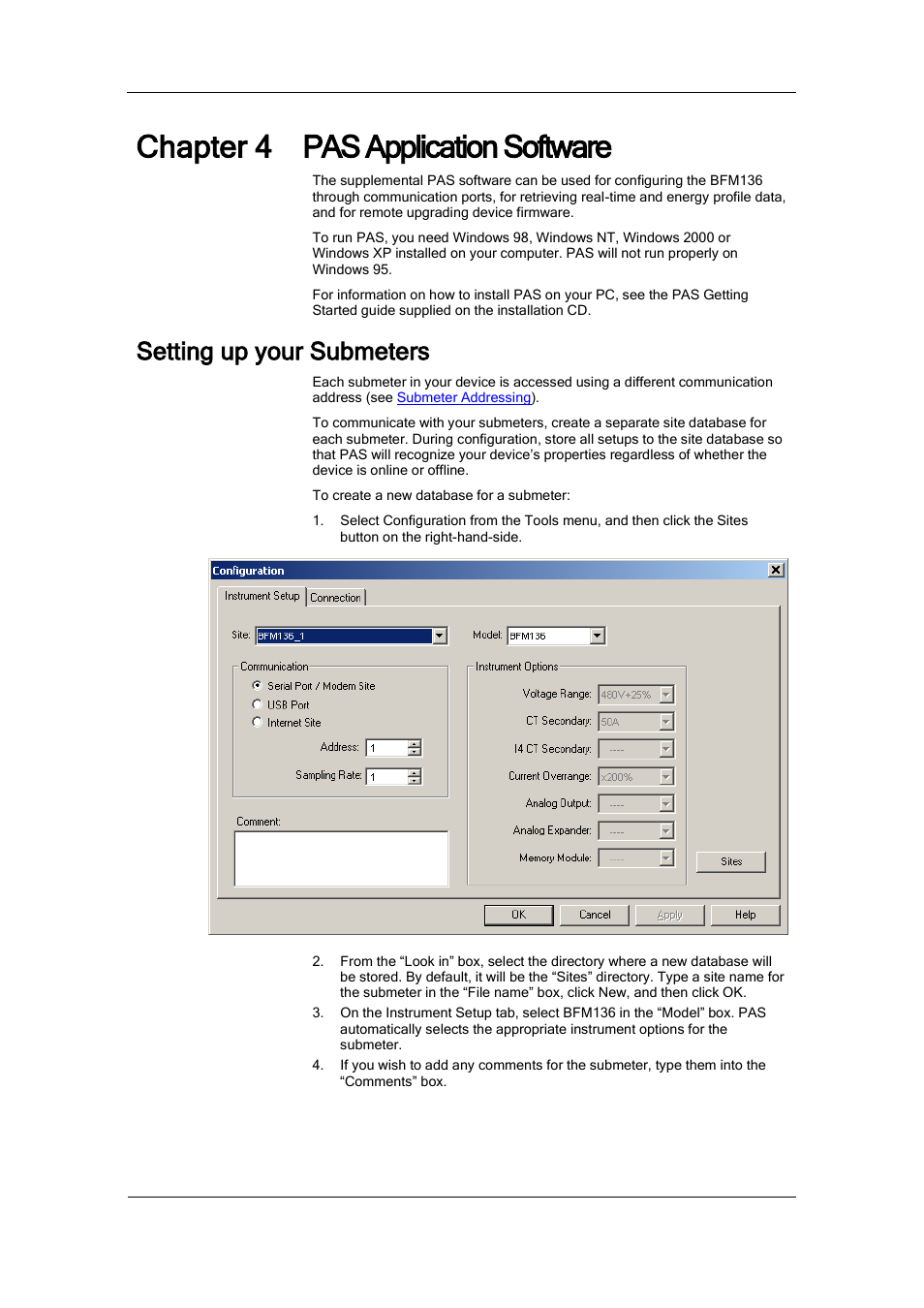 Chapter 4 pas application software, Setting up your submeters, Application software | SATEC BFM136 User Manual | Page 36 / 70