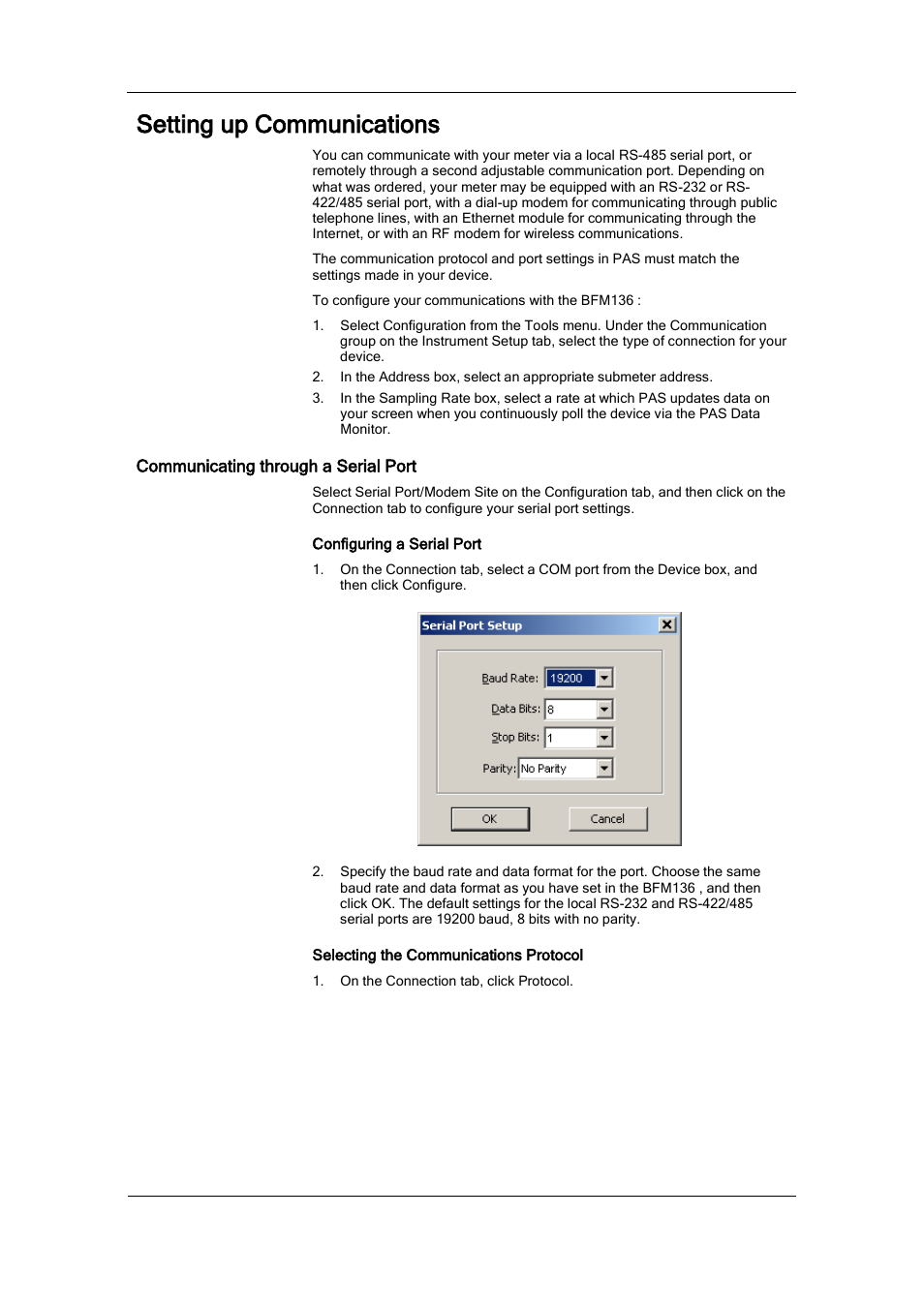 Setting up communications, Communicating through a serial port | SATEC BFM136 User Manual | Page 37 / 70