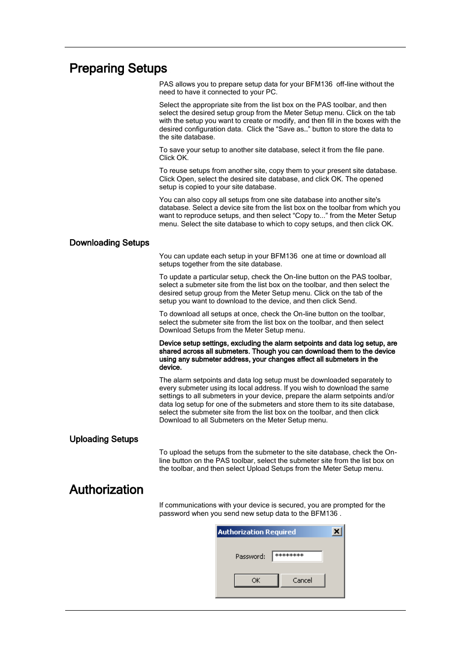 Preparing setups, Downloading setups, Uploading setups | Authorization | SATEC BFM136 User Manual | Page 39 / 70