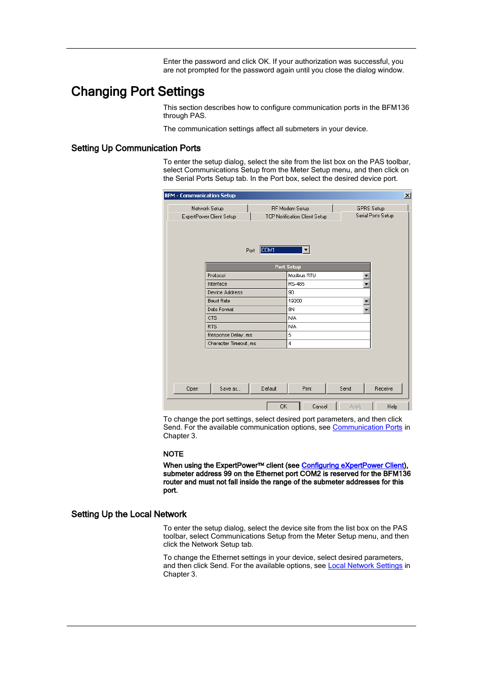 Changing port settings, Setting up communication ports, Setting up the local network | SATEC BFM136 User Manual | Page 40 / 70