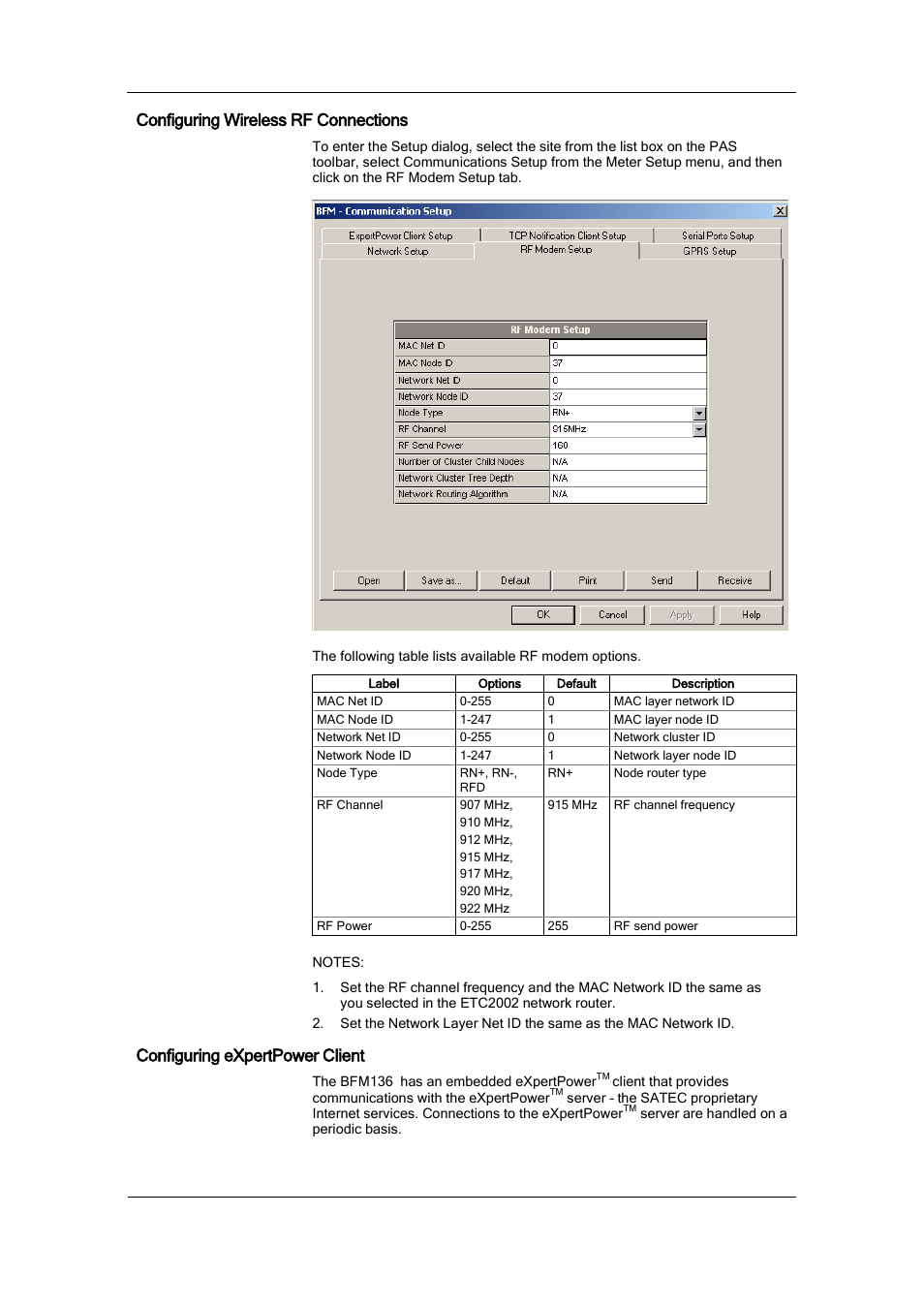 Configuring wireless rf connections, Configuring expertpower client | SATEC BFM136 User Manual | Page 41 / 70