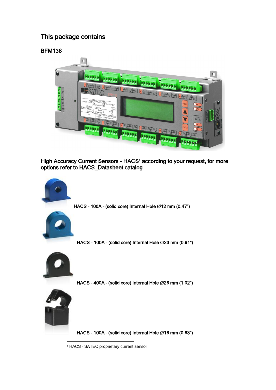 This package contains, Bfm136, High accuracy current sensors - hacs | SATEC BFM136 User Manual | Page 5 / 70