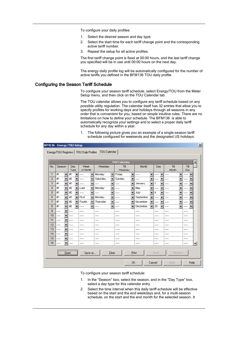 Configuring the season tariff schedule | SATEC BFM136 User Manual | Page 51 / 70