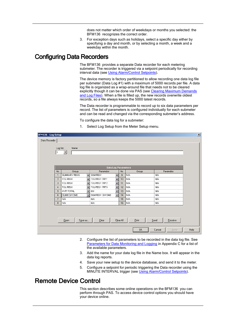 Configuring data recorders, Remote device control | SATEC BFM136 User Manual | Page 52 / 70