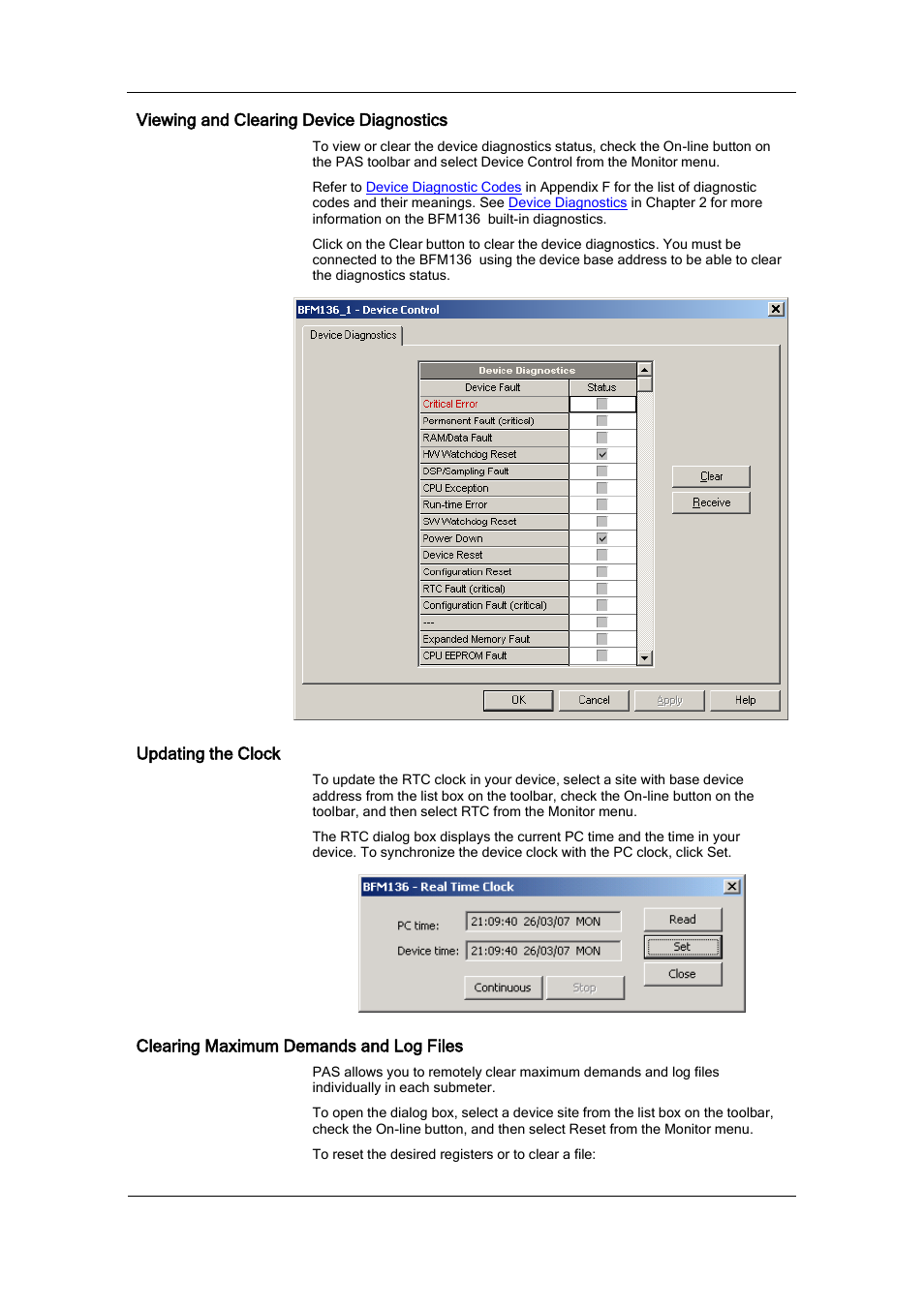 Viewing and clearing device diagnostics, Updating the clock, Clearing maximum demands and log files | Viewing and clearing, Device diagnostics, Clearing maximum demands, And log files | SATEC BFM136 User Manual | Page 53 / 70