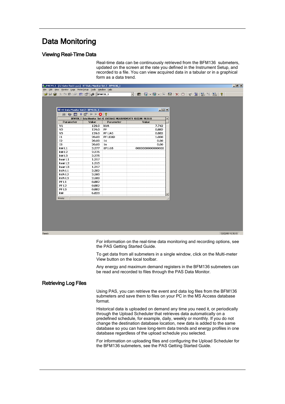 Data monitoring, Viewing real-time data, Retrieving log files | SATEC BFM136 User Manual | Page 57 / 70