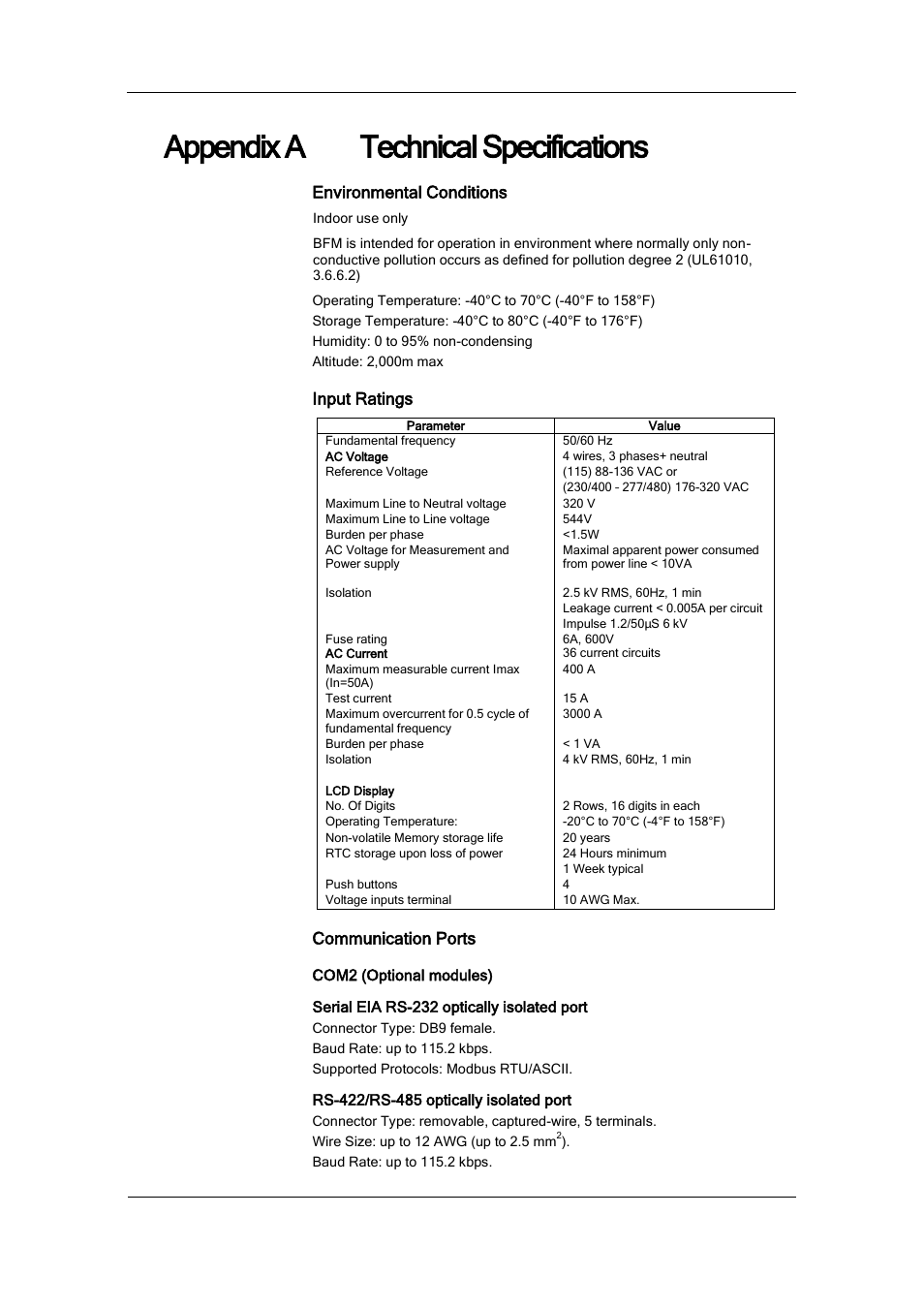 Appendix a technical specifications, Environmental conditions, Input ratings | Communication ports | SATEC BFM136 User Manual | Page 60 / 70