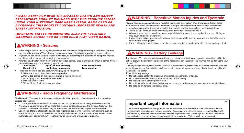 Important legal information, Warning - repetitive motion injuries and eyestrain, Warning - seizures | Disney Interactive Studios Nintendo DS NTR-YQNE-USA User Manual | Page 2 / 10