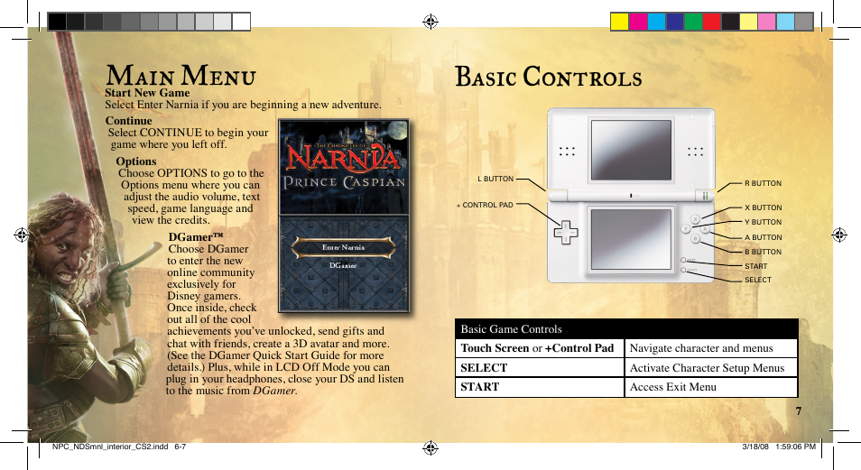 Basic controls, Main menu | Disney Interactive Studios Nintendo DS NTR-YQNE-USA User Manual | Page 5 / 10