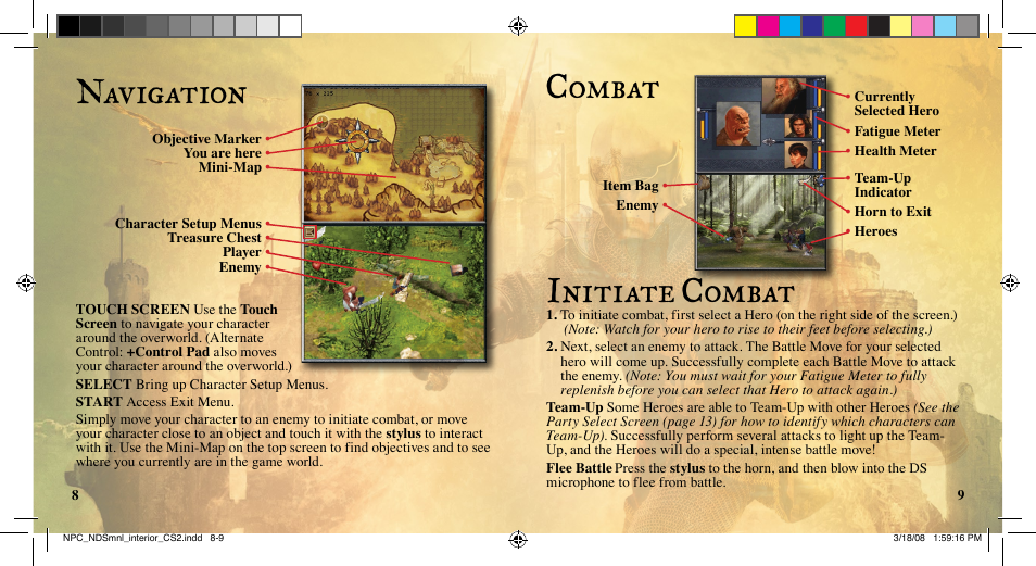 Navigation combat, Initiate combat | Disney Interactive Studios Nintendo DS NTR-YQNE-USA User Manual | Page 6 / 10