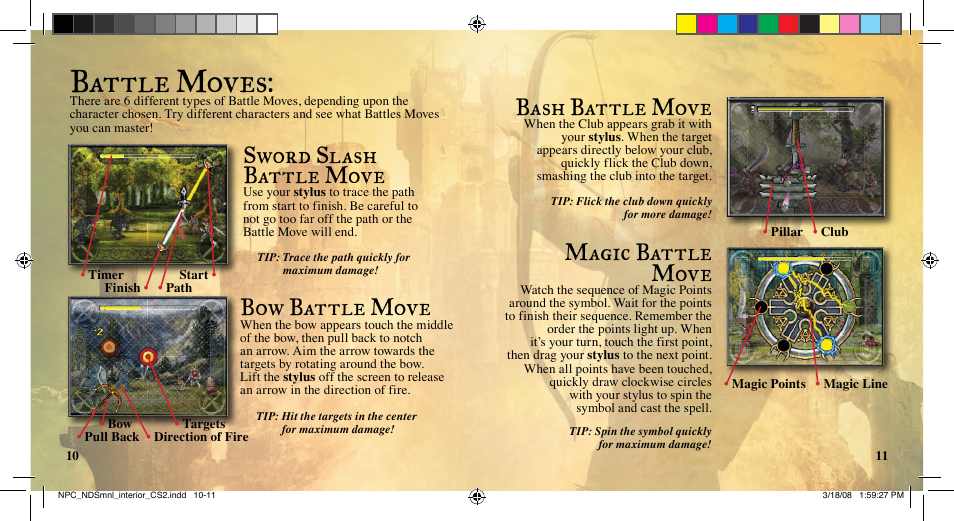 Battle moves, Sword slash battle move, Bow battle move | Bash battle move, Magic battle move | Disney Interactive Studios Nintendo DS NTR-YQNE-USA User Manual | Page 7 / 10