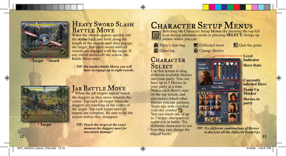 Character setup menus, Heavy sword slash battle move, Jab battle move | Character select | Disney Interactive Studios Nintendo DS NTR-YQNE-USA User Manual | Page 8 / 10