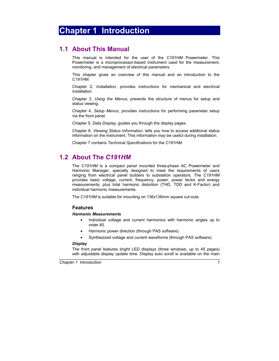 About this manual, About the c191hm, Chapter 1 introduction | 1 about this manual, 2 about the c191hm | SATEC C191HM User Manual | Page 10 / 63
