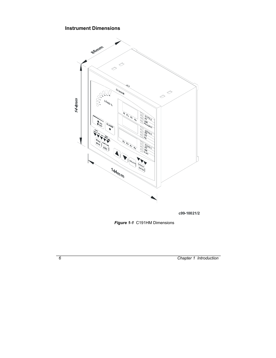 Instrument dimensions, 144m m, 6 chapter 1 introduction | SATEC C191HM User Manual | Page 15 / 63