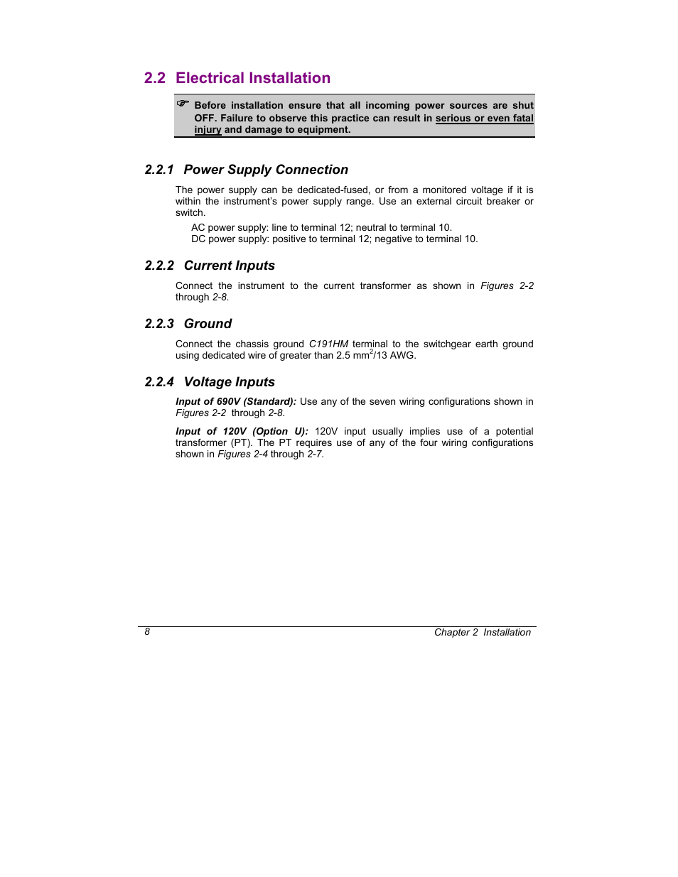 Electrical installation, Power supply connection, Current inputs | Ground, Voltage inputs, 2 electrical installation | SATEC C191HM User Manual | Page 17 / 63