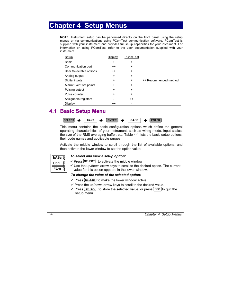 Chapter 3 setup menus, Basic setup menu, Chapter 4 setup menus | 1 basic setup menu | SATEC C191HM User Manual | Page 29 / 63