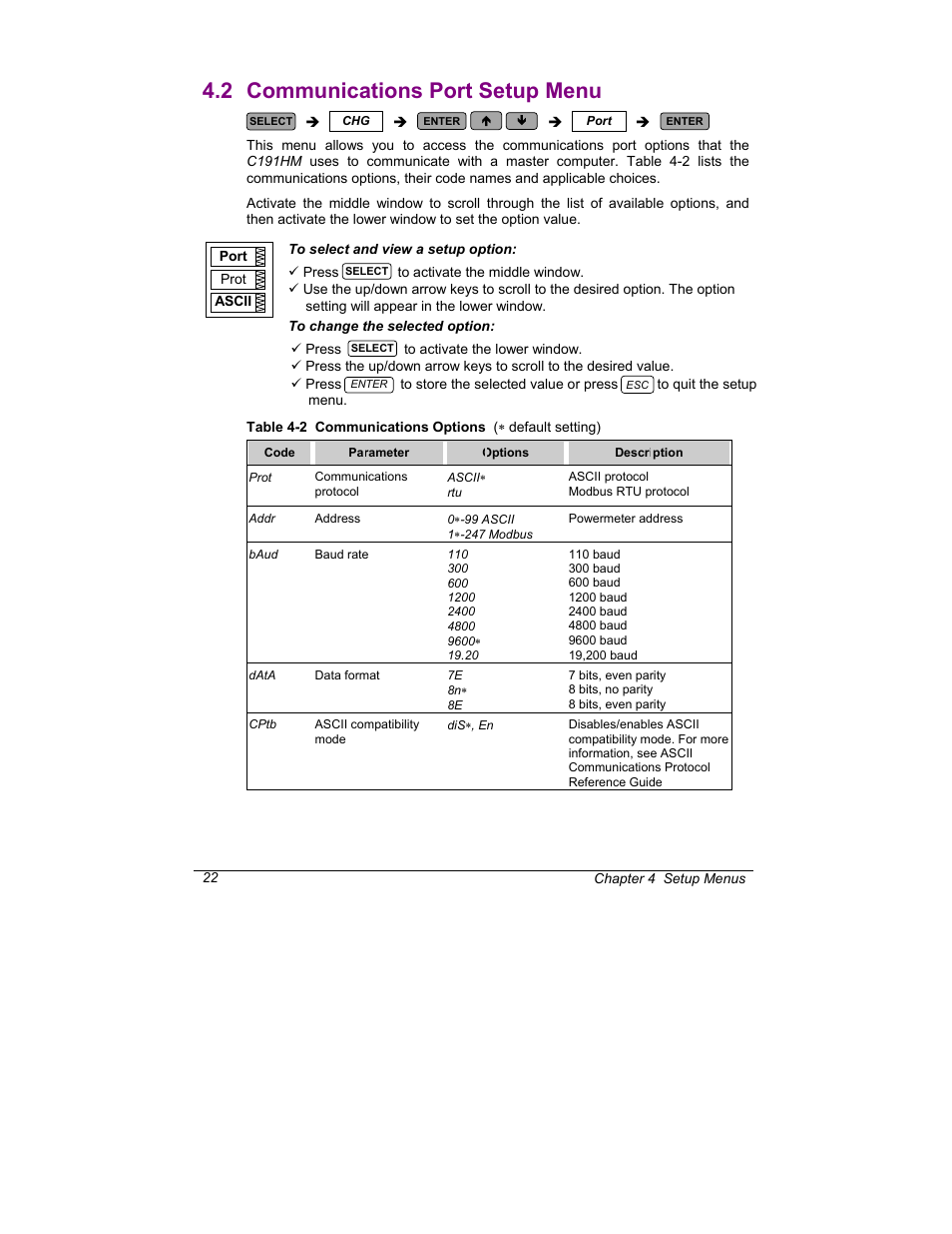 Communications port setup menu, 2 communications port setup menu | SATEC C191HM User Manual | Page 31 / 63