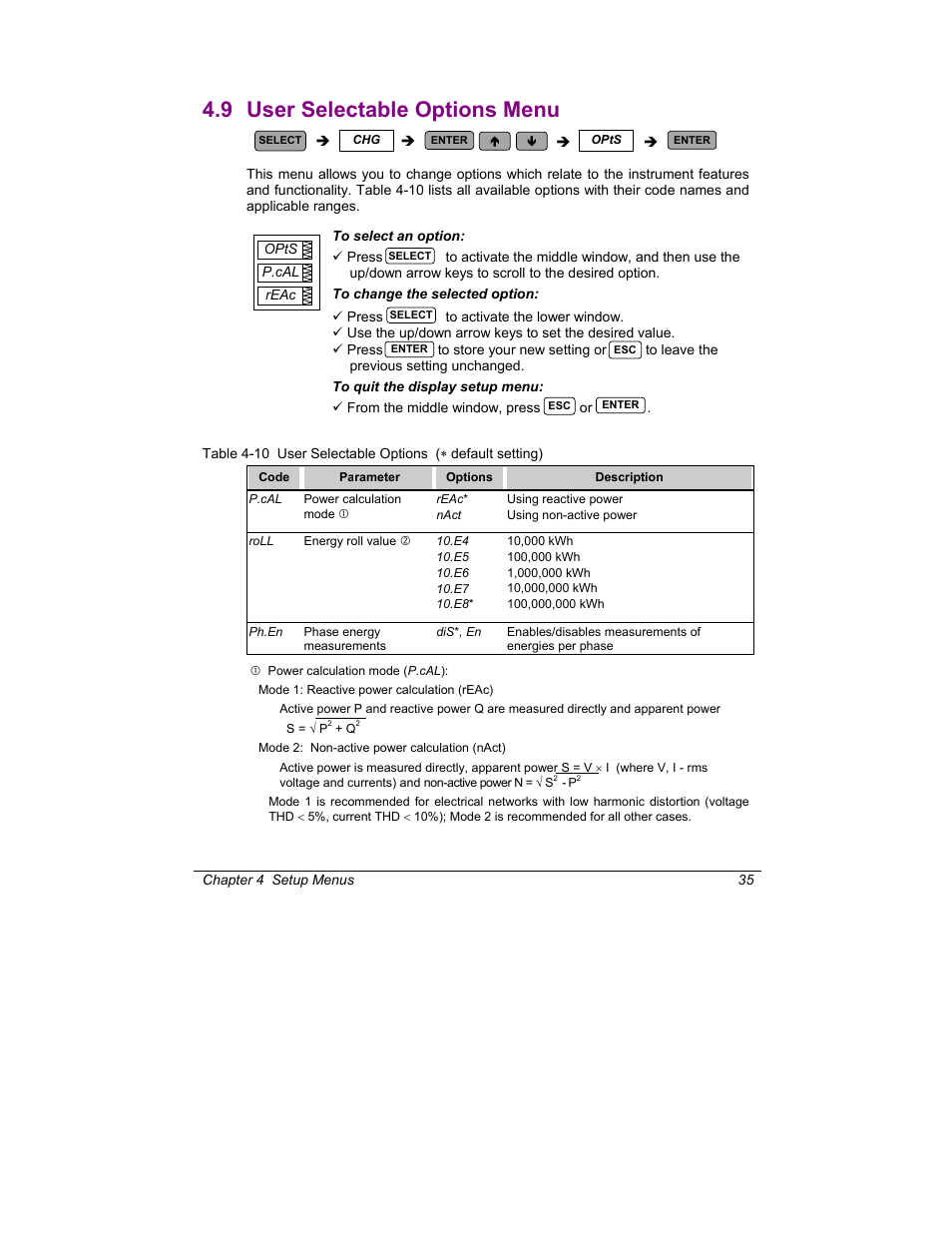 User selectable options menu, 9 user selectable options menu | SATEC C191HM User Manual | Page 44 / 63