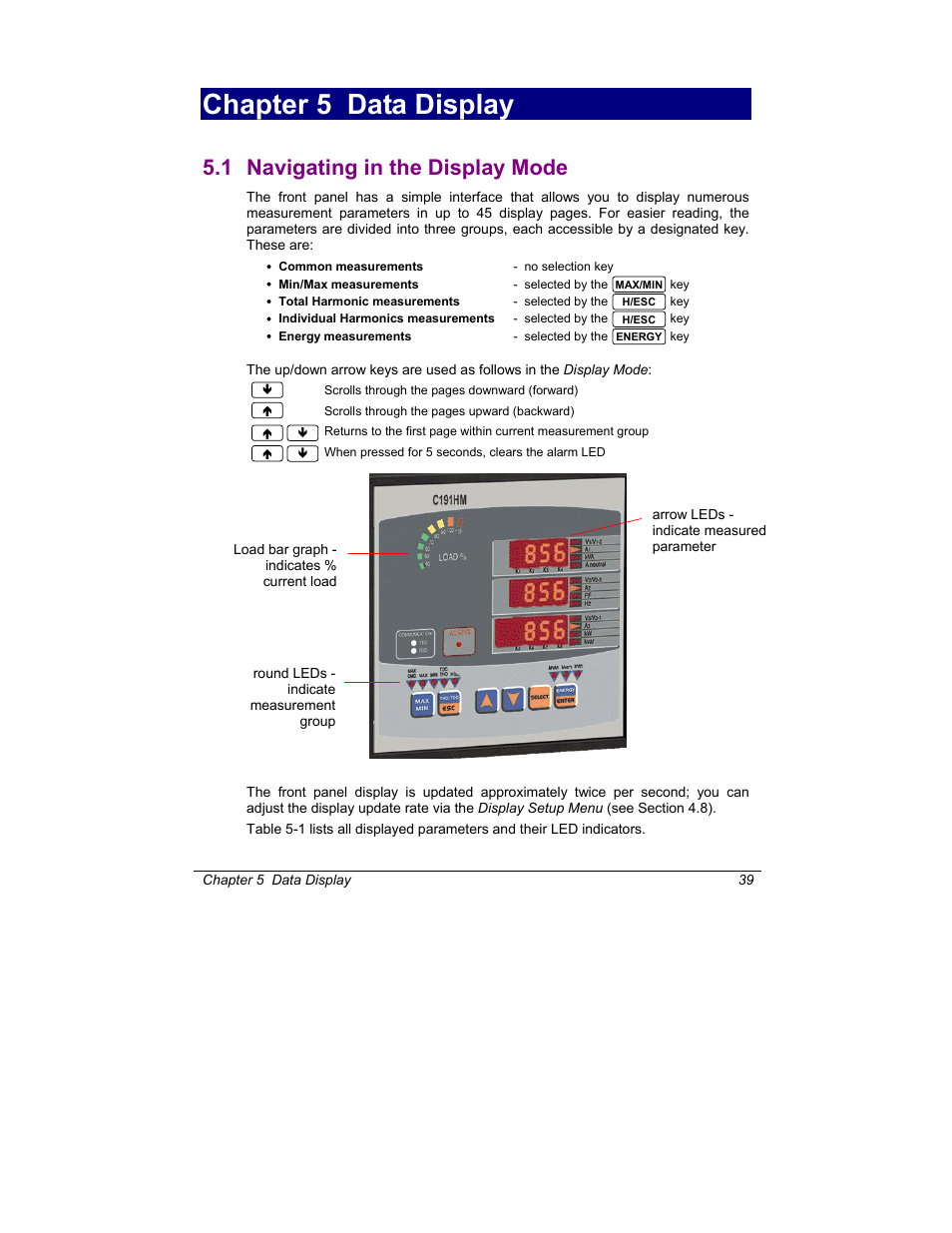 Navigating in the display mode, Chapter 5 data display, 1 navigating in the display mode | SATEC C191HM User Manual | Page 48 / 63