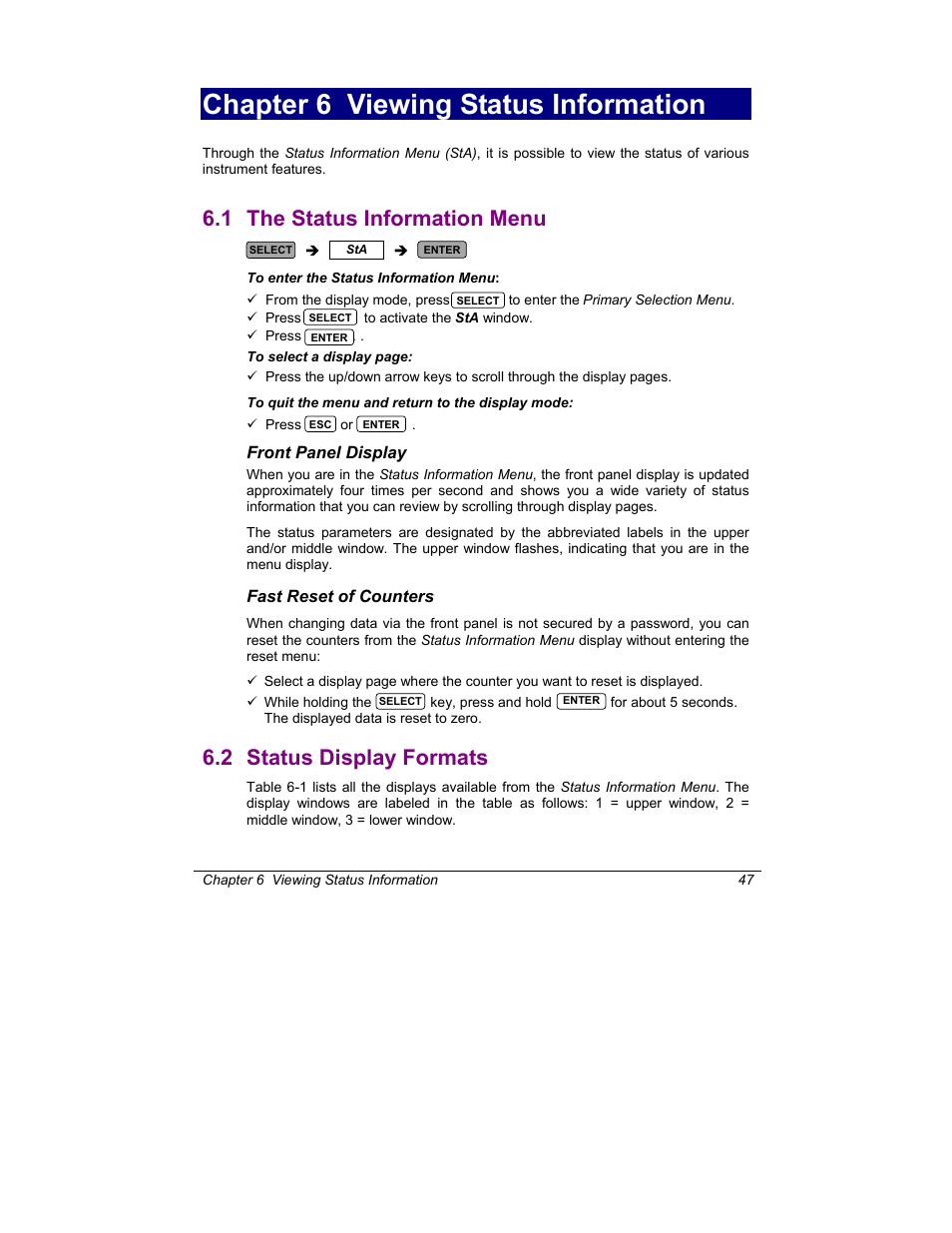 The status information menu, Status display formats, Chapter 6 viewing status information | 1 the status information menu, 2 status display formats | SATEC C191HM User Manual | Page 56 / 63