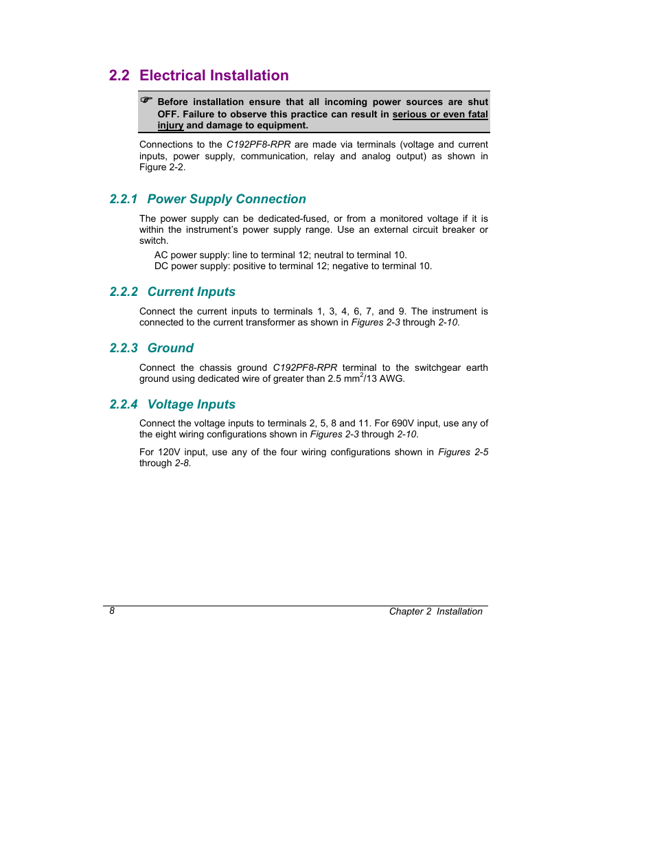 Electrical installation, 2 electrical installation | SATEC C192PF8-RPR User Manual | Page 13 / 75