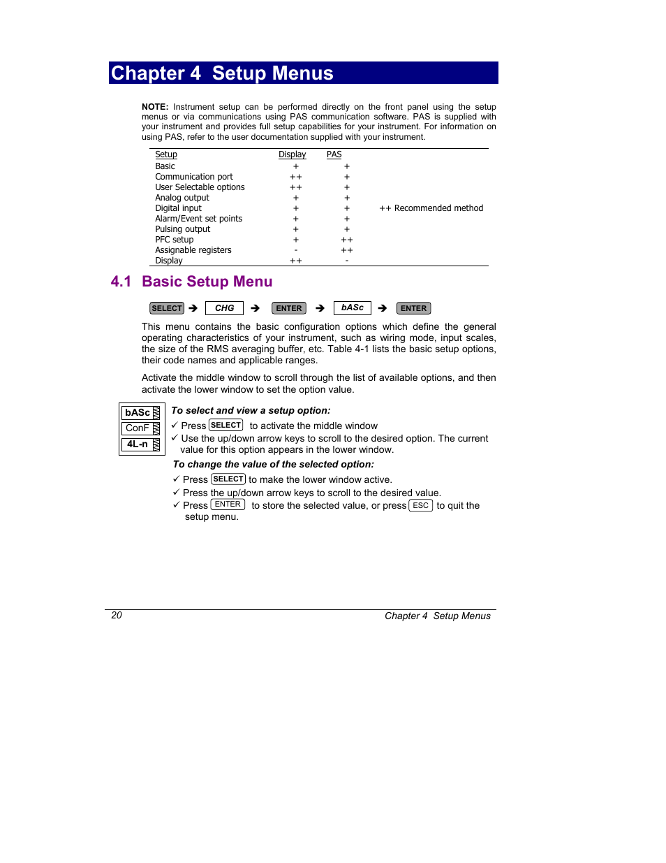Chapter 4 setup menus, Basic setup menu, 1 basic setup menu | SATEC C192PF8-RPR User Manual | Page 25 / 75